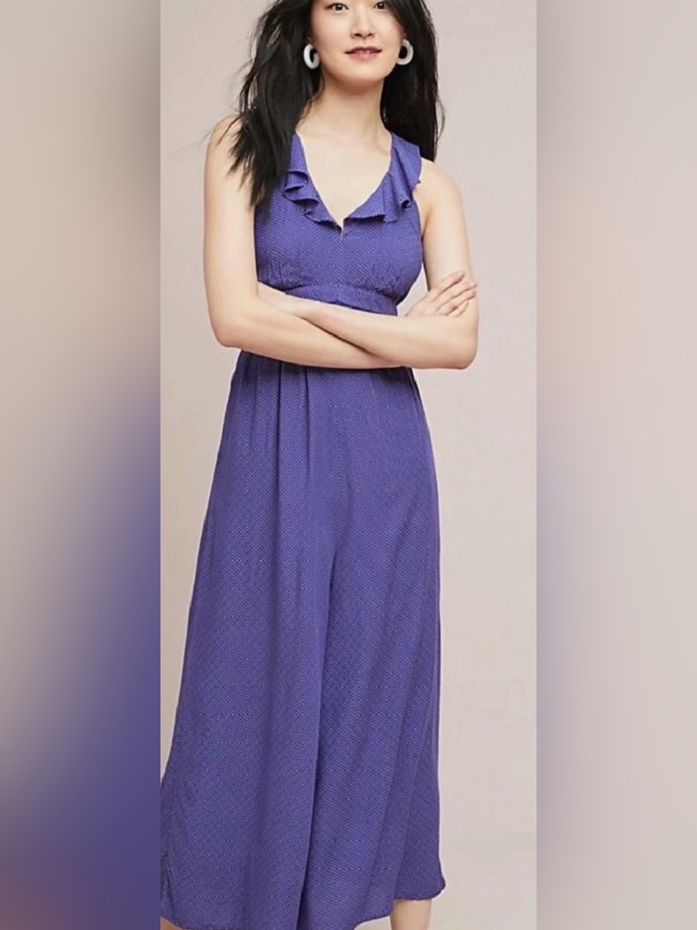 Anthropologie Maeve Justine Polka Dot Sleeveless Ruffle Collar Blue Jumpsuit 2P